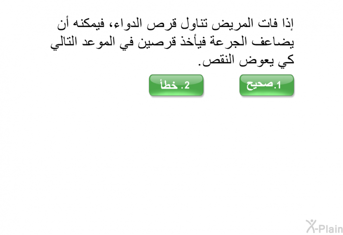 إذا فات المريض تناول قرص الدواء، فيمكنه أن يضاعف الجرعة فيأخذ قرصين في الموعد التالي كي يعوض النقص.