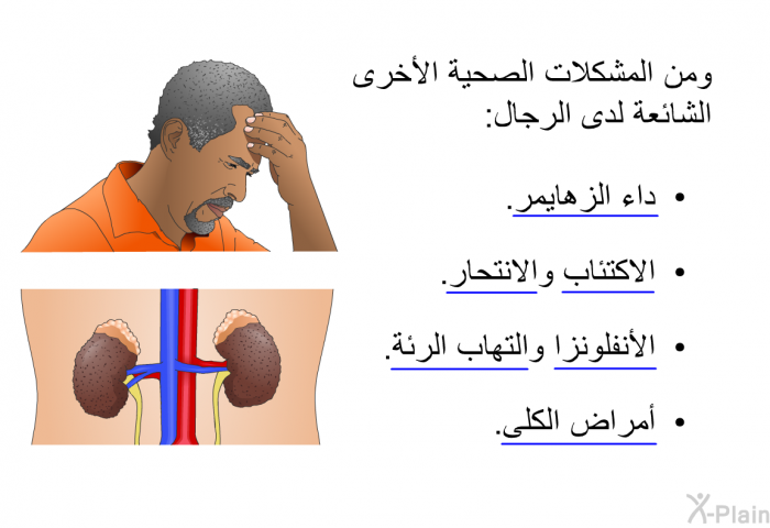 ومن المشكلات الصحية الأخرى الشائعة لدى الرجال:   داء الزهايمر.  الاكتئاب والانتحار.  الأنفلونزا والتهاب الرئة. أمراض الكلى.