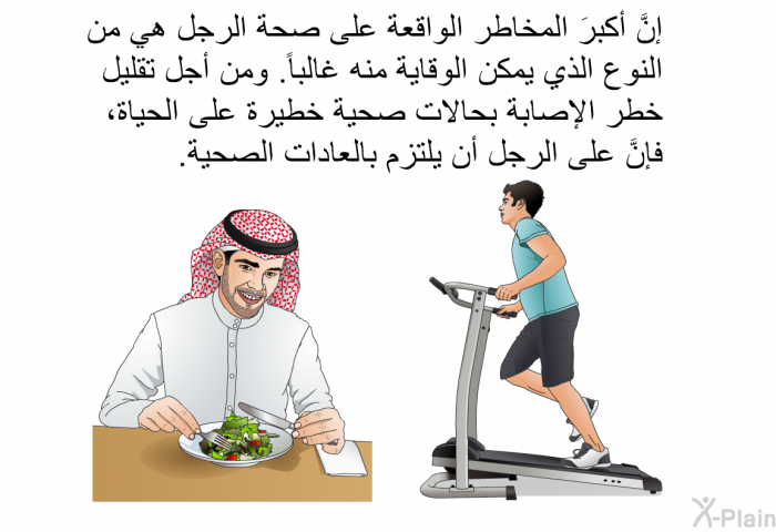 إنَّ أكبرَ المخاطر الواقعة على صحة الرجل هي من النوع الذي يمكن الوقاية منه غالباً. ومن أجل تقليل خطر الإصابة بحالات صحية خطيرة على الحياة، فإنَّ على الرجل أن يلتزم بالعادات الصحية.