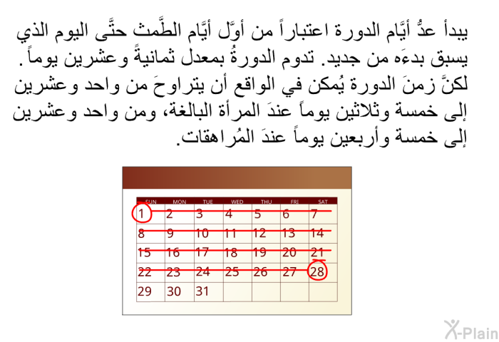 يبدأ عدُّ أيَّام الدورة اعتباراً من أوَّل أيَّام الطَّمث حتَّى اليوم الذي يسبق بدءَه من جديد. تدوم الدورةُ بمعدل ثمانيةً وعشرين يوماً. لكنَّ زمنَ الدورة يُمكن في الواقع أن يتراوحَ من واحد وعشرين إلى خمسة وثلاثين يوماً عندَ المرأة البالغة، ومن واحد وعشرين إلى خمسة وأربعين يوماً عندَ المُراهقات.