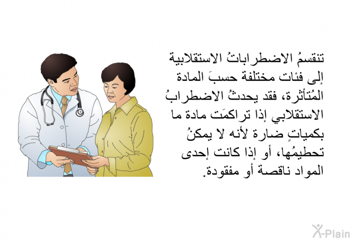 تنقسمُ الاضطراباتُ الاستقلابية إلى فئات مختلفة حسبَ المادة المُتأثرة، فقد يحدثُ الاضطرابُ الاستقلابي إذا تراكمَت مادةٌ ما بكمياتٍ ضارة لأنه لا يمكنُ تحطيمُها، أو إذا كانت إحدى المواد ناقصة أو مفقودة.
