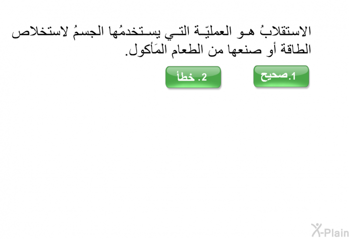 الاستقلابُ هو العمليّة التي يستخدمُها الجسمُ لاستخلاص الطاقة أو صنعها من الطعام المَأكول.