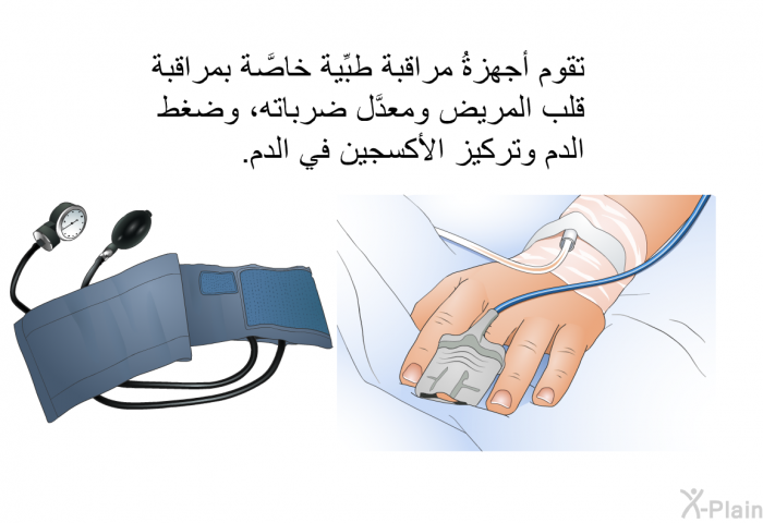 تقوم أجهزةُ مراقبة طبِّية خاصَّة بمراقبة قلب المريض ومعدَّل ضرباته، وضغط الدم وتركيز الأكسجين في الدم.