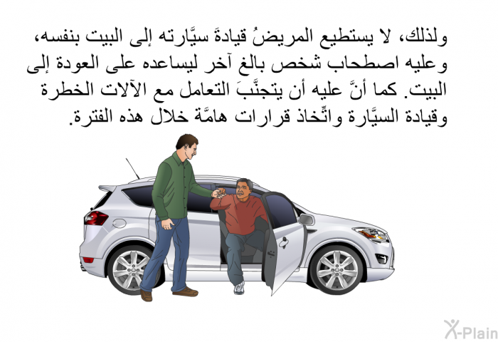 ولذلك، لا يستطيع المريضُ قيادةَ سيَّارته إلى البيت بنفسه، وعليه اصطحاب شخص بالغ آخر ليساعده على العودة إلى البيت. كما أنَّ عليه أن يتجنَّبَ التعامل مع الآلات الخطرة وقيادة السيَّارة واتِّخاذ قرارات هامَّة خلال هذه الفترة.