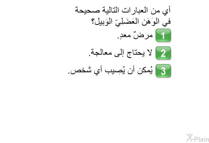 أي من العبارات التالية صحيحة في الوَهَن العَضَلِيّ الوَبيل؟  مرضٌ معدٍ. لا يحتاج إلى معالجة. يُمكن أن يُصِيب أي شخص.