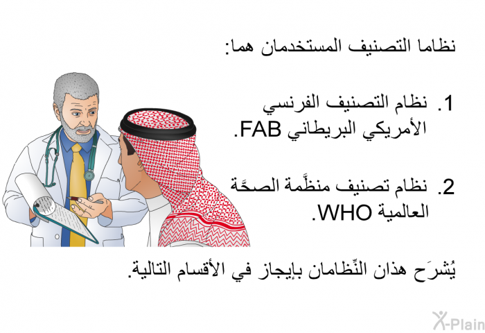 نظاما التصنيف المستخدمان هما:  نظام التصنيف الفرنسي الأمريكي البريطاني FAB. نظام تصنيف منظَّمة الصحَّة العالمية WHO. 
 يُشرَح هذان النِّظامان بإيجاز في الأقسام التالية.