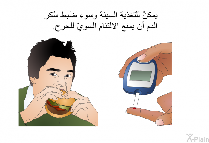 يمكنُ للتغذية السيئة وسوء ضَبط سُكر الدم أن يمنع الالتئام السويّ للجرح.