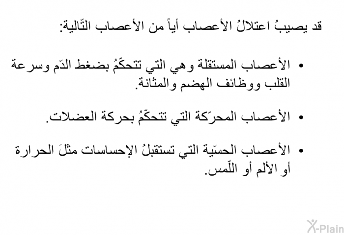 قد يصيبُ اعتلالُ الأعصاب أياً من الأعصاب التّالية:  الأعصاب المستقلة وهي التي تتحكّمُ بضغط الدّم وسرعة القلب ووظائف الهضم والمثانة. الأعصاب المحرّكة التي تتحكّمُ بحركة العضلات. الأعصاب الحسّية التي تستقبلُ الإحساسات مثلَ الحرارة أو الألم أو اللّمس.