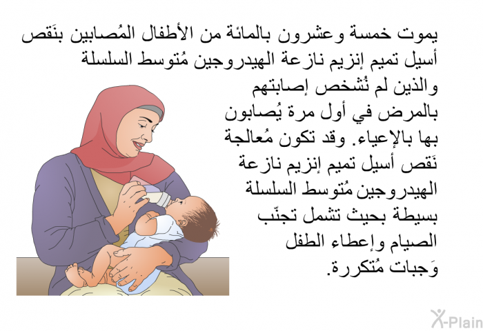 يموت خمسة وعشرون بالمائة من الأطفال المُصابين بنَقص أسيل تميم إنزيم نازعة الهيدروجين مُتوسط السلسلة والذين لم نُشخص إصابتهم بالمرض في أول مرة يُصابون بها بالإعياء. وقد تكون مُعالجة نَقص أسيل تميم إنزيم نازعة الهيدروجين مُتوسط السلسلة بسيطة بحيث تشمل تجنّب الصيام وإعطاء الطفل وَجبات مُتكررة<B>.</B>