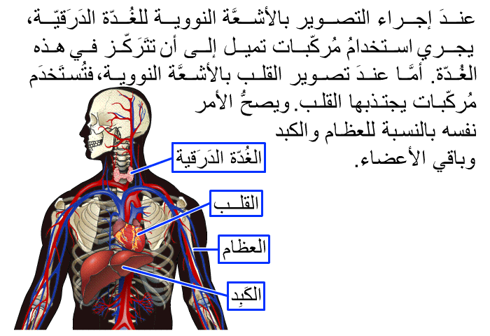 عندَ إجراء التصوير بالأشعَّة النووية للغُدّة الدَرَقيّة، يجري استخدامُ مُركّبات تميل إلى أن تتَرَكّز في هذه الغُدّة. أمَّا عندَ تصوير القلب بالأشعَّة النووية، فتُستَخدَم مُركّبات يجتذبها القلب. ويصحُّ الأمر نفسه بالنسبة للعظام والكبد وباقي الأعضاء.