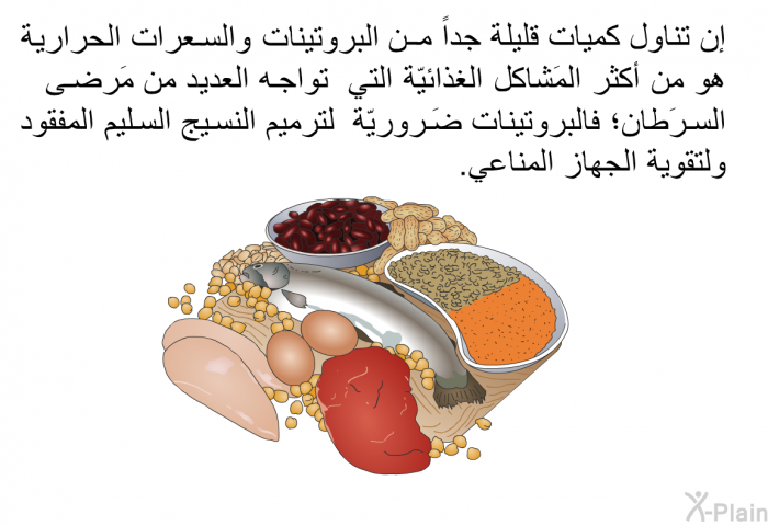 إن تناول كميات قليلة جداً من البروتينات والسعرات الحرارية هو من أكثر المَشاكل الغذائيّة التي تواجه العديد من مَرضى السرَطان؛ فالبروتينات ضَروريّة لترميم النسيج السليم المفقود ولتقوية الجهاز المناعي.