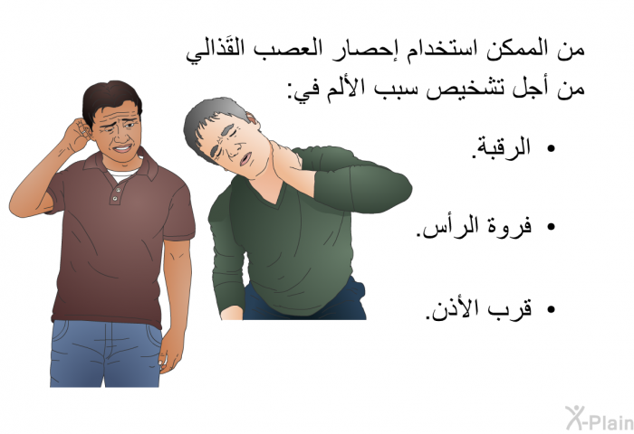 من الممكن استخدام إحصار العصب القَذالي من أجل تشخيص سبب الألم في:   الرقبة.  فروة الرأس. قرب الأذن.