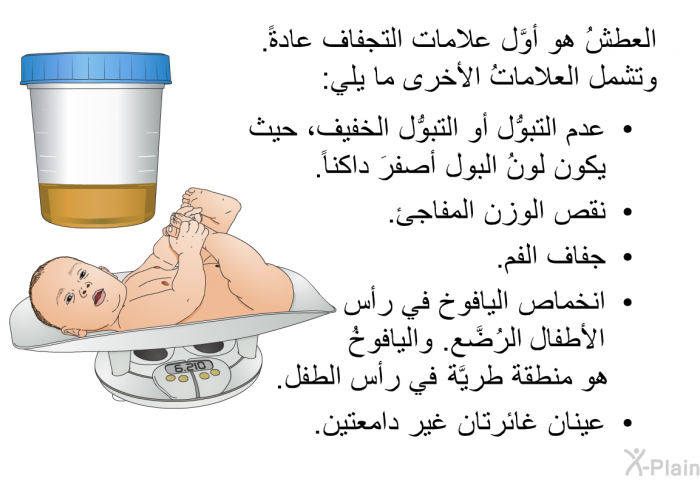 العطشُ هو أوَّل علامات التجفاف عادةً. وتشمل العلاماتُ الأخرى ما يلي:  عدم التبوُّل أو التبوُّل الخفيف، حيث يكون لونُ البول أصفرَ داكناً. نقص الوزن المفاجئ. جفاف الفم. انخماص اليافوخ في رأس الأطفال الرُضَّع. واليافوخُ هو منطقةٌ طريَّة في رأس الطفل. عينان غائرتان غير دامعتين.