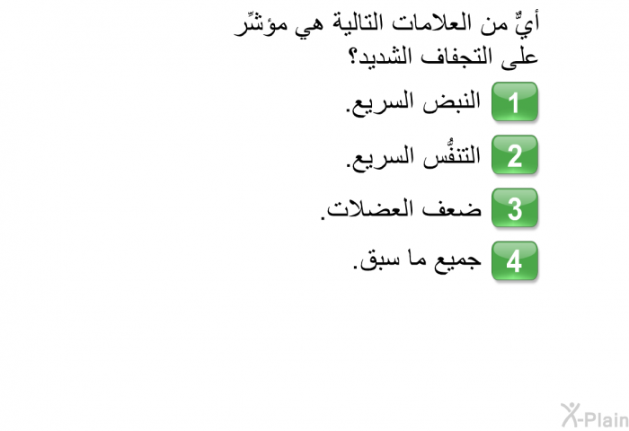 أيٌّ من العلامات التالية هي مؤشِّر على التجفاف الشديد؟  النبض السريع. التنفُّس السريع. ضعف العضلات. جميع ما سبق.