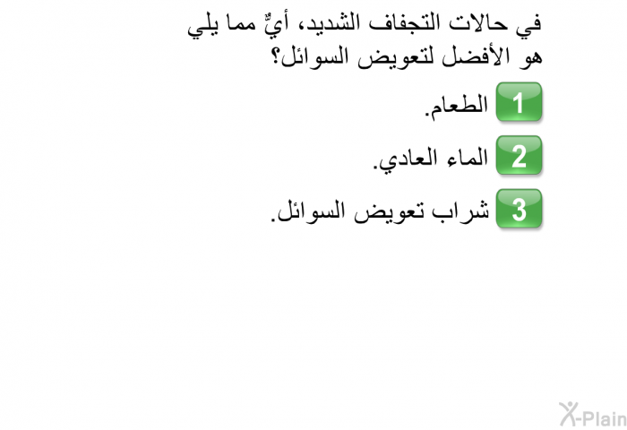 في حالات التجفاف الشديد، أيٌّ مما يلي هو الأفضل لتعويض السوائل؟  الطعام. الماء العادي. شراب تعويض السوائل.