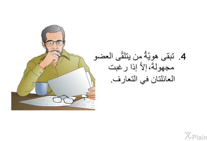 تبقى هويَّةُ من يتلقَّى العضو مجهولةً، إلاَّ إذا رغبت العائلتان في التعارف.