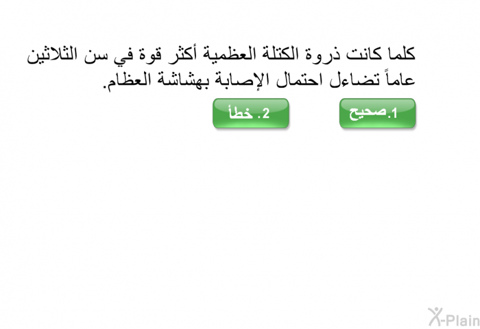 كلما كانت ذروة الكتلة العظمية أكثر قوة في سن الثلاثين عاماً تضاءل احتمال الإصابة بهشاشة العظام<B>. </B>