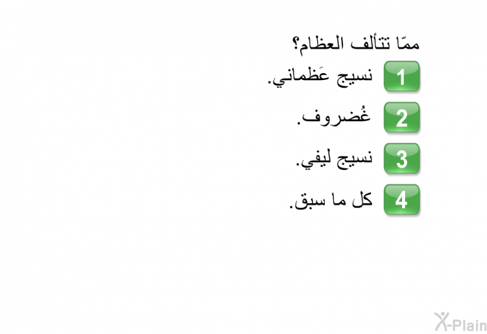 ممّا تتألف العظام؟  نسيج عَظماني. غُضروف. نسيج ليفي. كل ما سبق.