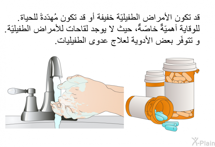 قد تكون الأمراض الطفيليّة خفيفة أو قد تكون مُهدّدةً للحياة. للوقاية أهميّةٌ خاصّةٌ، حيث لا يوجد لقاحات للأمراض الطفيليّة. و تتوفّر بعض الأدوية لعلاج عدوى الطفيليات.