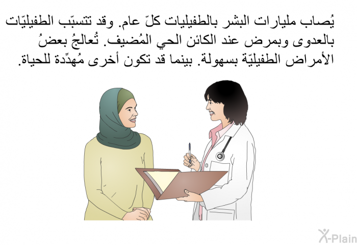 يُصاب مليارات البشر بالطفيليات كلّ عام. وقد تتسبّب الطفيليّات بالعدوى وبمرض عند الكائن الحي المُضيف. تُعالجُ بعضُ الأمراض الطفيليّة بسهولة. بينما قد تكون أخرى مُهدِّدة للحياة.