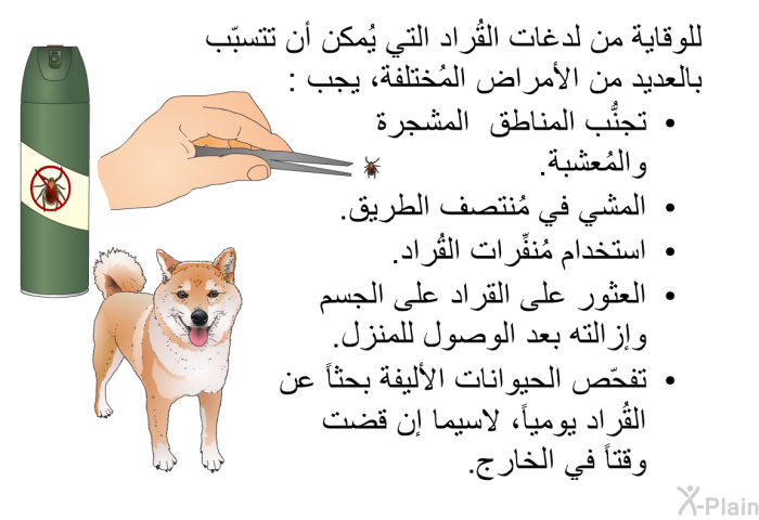 للوقاية من لدغات القُراد التي يُمكن أن تتسبّب بالعديد من الأمراض المُختلفة، يجب :   تجنُّب المناطق المشجرة والمُعشبة.  المشي في مُنتصف الطريق.  استخدام مُنفِّرات القُراد.  العثور على القراد على الجسم وإزالته بعد الوصول للمنزل. تفحّص الحيوانات الأليفة بحثاً عن القُراد يومياً، لاسيما إن قضت وقتاً في الخارج.