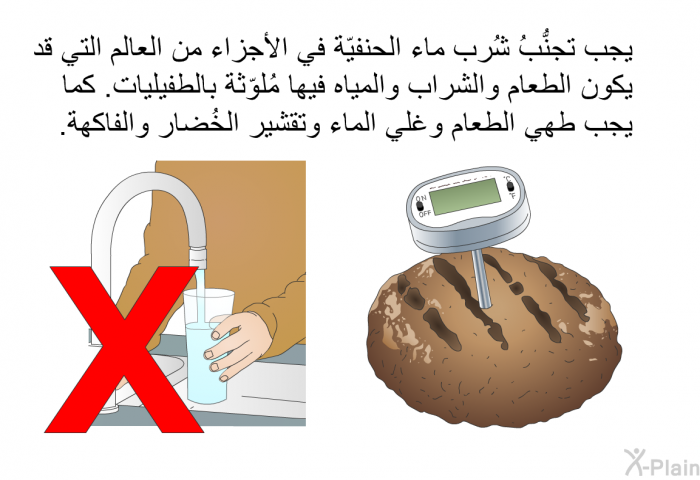 يجب تجنُّبُ شُرب ماء الحنفيّة في الأجزاء من العالم التي قد يكون الطعام والشراب والمياه فيها مُلوّثة بالطفيليات. كما يجب طهي الطعام وغلي الماء وتقشير الخُضار والفاكهة.