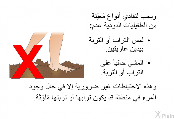 ويجب لتفادي أنواع مُعيّنة من الطفيليات الدودية <B>عدم</B>:   لمس التراب أو التربة بيدين عاريتين.  المشي حافياً على التراب أو التربة.  وهذه الاحتياطات غير ضرورية إلا في حال وجود المرء في منطقة قد يكون ترابها أو تربتها مُلوّثة.