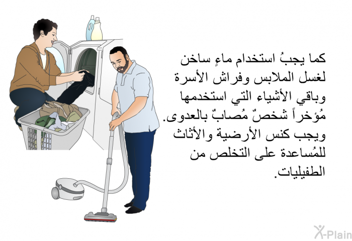 كما يجبُ استخدام ماءٍ ساخن لغسل الملابس وفراش الأسرة وباقي الأشياء التي استخدمها مُؤخراً شخصٌ مُصابٌ بالعدوى. ويجب كنس الأرضية والأثاث للمُساعدة على التخلص من الطفيليات.