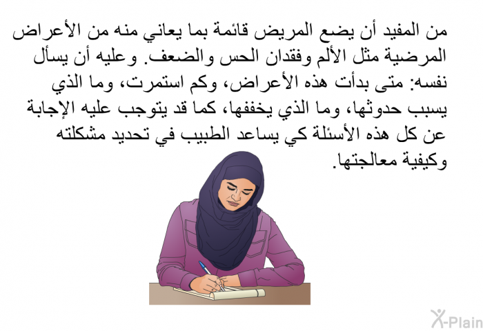 من المفيد أن يضع المريض قائمة بما يعاني منه من الأعراَض المرضية مثل الألم وفقدان الحس والضعف. وعليه أن يسأل نفسه: متى بدأت هذه الأعراض، وكم استمرت، وما الذي يسبب حدوثها، وما الذي يخففها، كما قد يتوجب عليه الإجابة عن كل هذه الأسئلة كي يساعد الطبيب في تحديد مشكلته وكيفية معالجتها.