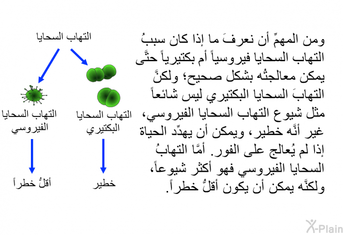 ومن المهمِّ أن نعرفَ ما إذا كان سببُ التهاب السحايا فيروسياً أم بكتيرياً حتَّى يمكن معالجتُه بشكل صحيح؛ ولكنَّ التهابَ السحايا البكتيري ليس شائعاً مثل شيوع التهاب السحايا الفيروسي، غير أنَّه خطيرٌ، ويمكن أن يهدِّد الحياة إذا لم يُعالج على الفور. أمَّا التهابُ السحايا الفيروسي فهو أكثر شيوعاً، ولكنَّه يمكن أن يكون أقلُّ خطراً.