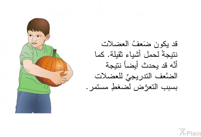 قد يكون ضَعفُ العضلات نتيجةً لحمل أشياء ثقيلةٍ. كما أنَّه قد يحدث أيضاً نتيجة الضَّعف التدريجيِّ للعضلات بسبب التعرُّض لضغطٍ مستمرٍّ.