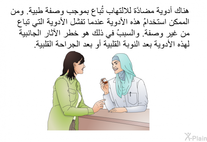 هناك أدوية مضادَّة للالتهاب تُباع بموجب وصفة طبية. ومن الممكن استخدامُ هذه الأدوية عندما تفشل الأدوية التي تباع من غير وصفة. والسببُ في ذلك هو خطر الآثار الجانبية لهذه الأدوية بعد النوبة القلبية أو بعد الجراحة القلبية.