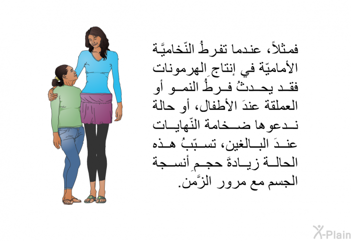 فمثلاً، عندما تفرطُ النّخاميَّة الأماميّة في إنتاجِ الهرمونات فقد يحدثُ فرطُ النمو أو العملقة عندَ الأطفال، أو حالةٌ ندعوها ضخامة النّهايات عندَ البالغين، تسبّبُ هذه الحالة زيادةَ حجمِ أنسجة الجسم مع مرور الزَّمن.