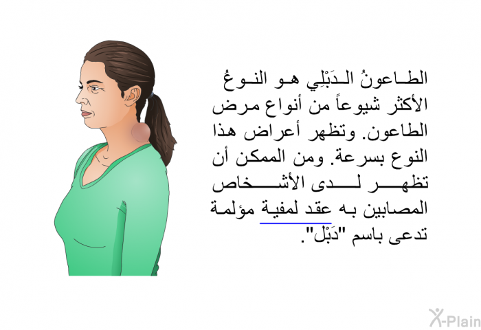 الطاعونُ الدَبْلِيّ هو النوعُ الأكثر شيوعاً من أنواع مرض الطاعون. وتظهر أعراض هذا النوع بسرعة. ومن الممكن أن تظهر لدى الأشخاص المصابين به عقد لمفية مؤلمة تدعى باسم "دَبْل".