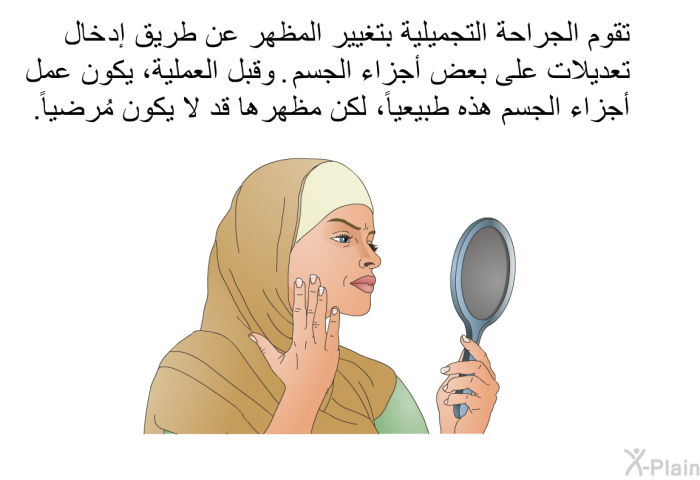 تقوم الجراحة التجميلية بتغيير المظهر عن طريق إدخال تعديلات على بعض أجزاء الجسم. وقبل العملية، يكون عمل أجزاء الجسم هذه طبيعياً، لكن مظهرها قد لا يكون مُرضياً.