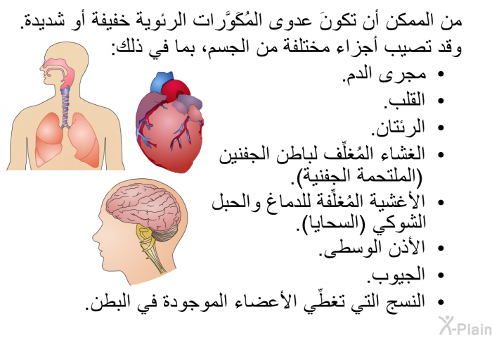 من الممكن أن تكونَ عدوى المُكَوَّرات الرئوية خفيفة أو شديدة. وقد تصيب أجزاء مختلفة من الجسم، بما في ذلك:   مجرى الدم.  القلب.  الرئتان.  الغشاء المُغلِّف لباطن الجفنين (الملتحمة الجفنية).  الأغشية المُغلِّفة للدماغ والحبل الشوكي (السحايا).  الأذن الوسطى.  الجيوب.  النسج التي تغطِّي الأعضاء الموجودة في البطن.