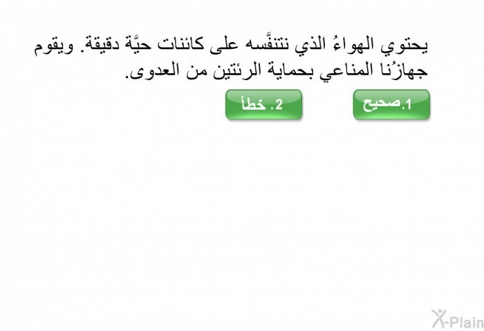 يحتوي الهواءُ الذي نتنفَّسه على كائنات حيَّة دقيقة. ويقوم جهازُنا المناعي بحماية الرئتين من العدوى.