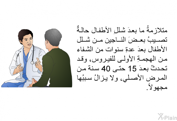 متلازمةُ ما بعدَ شللِ الأطفال حالةٌ تصيبُ بعضَ الناجين من شلل الأطفال بعدَ عدةِ سنوات من الشفاء من الهجمةِ الأولى للفيروس، وقد تحدثُ بعدَ 15 حتى 40 سنة من المرض الأصلي، ولا يزالُ سببُها مجهولاً.