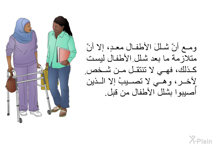 ومع أنَّ شللَ الأطفال معدٍ، إلا أنَّ متلازمةَ ما بعد شللِ الأطفال ليست كذلك، فهي لا تنتقل من شخصٍ لآخر، وهي لا تصيبُ إلا الذين أُصيبوا بشلل الأطفال من قبل.