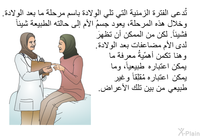 تُدعى الفترة الزمنية التي تلي الوِلادة باسم مرحلة ما بعد الولادة. وخلال هذه المرحلة، يعود جسمُ الأم إلى حالته الطبيعة شيئاً فشيئاً. لكن من الممكن أن تظهرَ لدى الأم مضاعفات بعد الولادة. وهنا تكمن أهمِّيةُ معرفة ما يمكن اعتباره طبيعياً، وما يمكن اعتباره مُقلِقاً وغير طبيعي من بين تلك الأعراض.