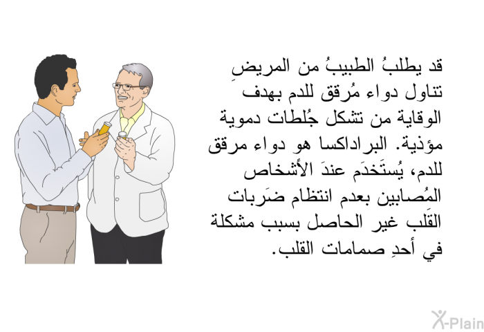 قد يطلبُ الطبيبُ من المريضِ تناول دواء مُرقق للدم بهدف الوقاية من تشكل جُلطات دموية مؤذية. البراداكسا هو دواء مرقق للدم، يُستَخدَم عندَ الأشخاص المُصابين بعدم انتظام ضَربات القَلب غير الحاصل بسبب مشكلة في أحدِ صمامات القلب.