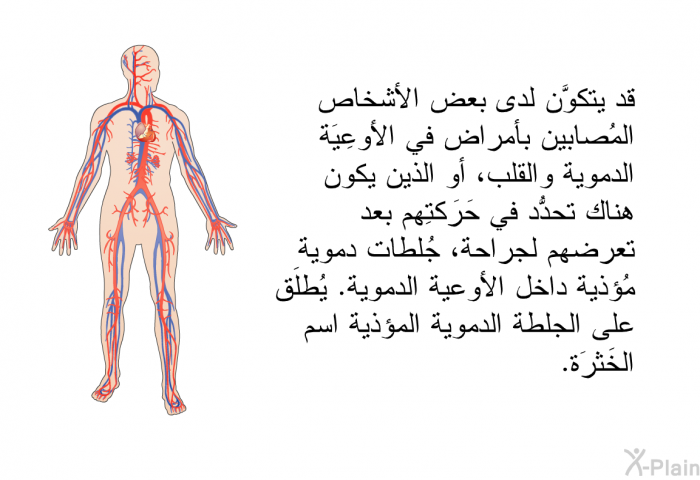 قد يتكوَّن لدى بعض الأشخاص المُصابين بأمراض في الأوعِيَة الدموية والقلب، أو الذين يكون هناك تحدُّد في حَرَكتِهم بعد تعرضهم لجراحة، جُلطات دموية مُؤذية داخل الأوعية الدموية. يُطلَق على الجلطة الدموية المؤذية اسم الخَثرَة.