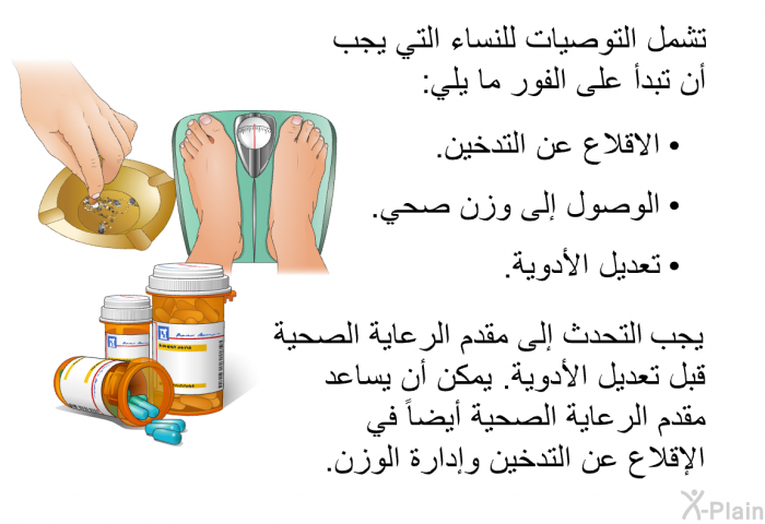 تشمل التوصيات للنساء التي يجب أن تبدأ على الفور ما يلي:   الاقلاع عن التدخين.  الوصول إلى وزن صحي.  تعديل الأدوية.  
 يجب التحدث إلى مقدم الرعاية الصحية قبل تعديل الأدوية. يمكن أن يساعد مقدم الرعاية الصحية أيضاً في الإقلاع عن التدخين وإدارة الوزن.