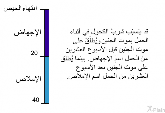 قد يتسبّب شربُ الكحول في أثناء الحمل بموت الجنين. ويُطلَقُ على موت الجنين قبل الأسبوع العشرين من الحمل اسمَ الإجهاض. بينما يُطلق على موت الجنين بعد الأسبوع العشرين من الحمل اسم الإملاص.