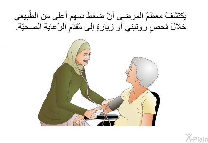 يكتشفُ معظمُ المرضى أنَّ ضغطَ دمِهم أعلى من الطّبيعي خلالَ فحصٍ روتيني أو زيارةٍ إلى مُقدّمِ الرِّعايةِ الصحيّة.