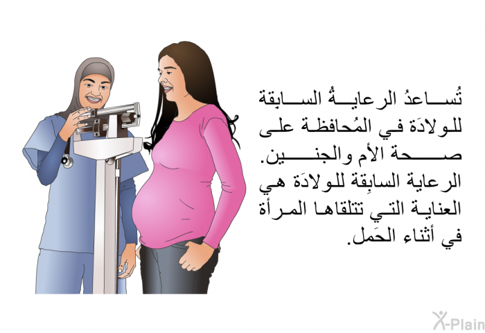 تُساعدُ الرعايةُ السابِقة للولادَة في المُحافظة على صحة الأم والجنين. الرعاية السابِقة للولادَة هي العناية التي تتلقاها المرأة في أثناء الحَمل.