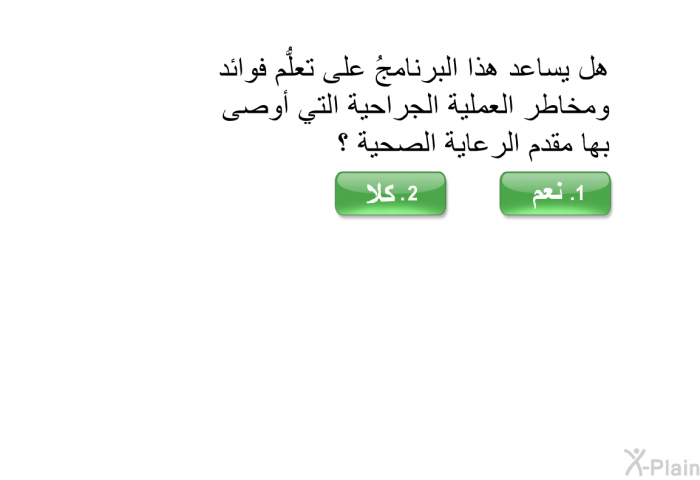 هل يساعد هذا البرنامجُ على تعلُّم فوائد ومخاطر العملية الجراحية التي أوصى بها مقدم الرعاية الصحية ؟.