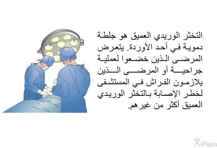 التخثر الوريدي العميق هو جلطة دموية في أحد الأوردة. يتعرض المرضى الذين خضعوا لعملية جراحية أو المرضى الذين يلازمون الفراش في المستشفى لخطر الإصابة بالتخثر الوريدي العميق أكثر من غيرهم.