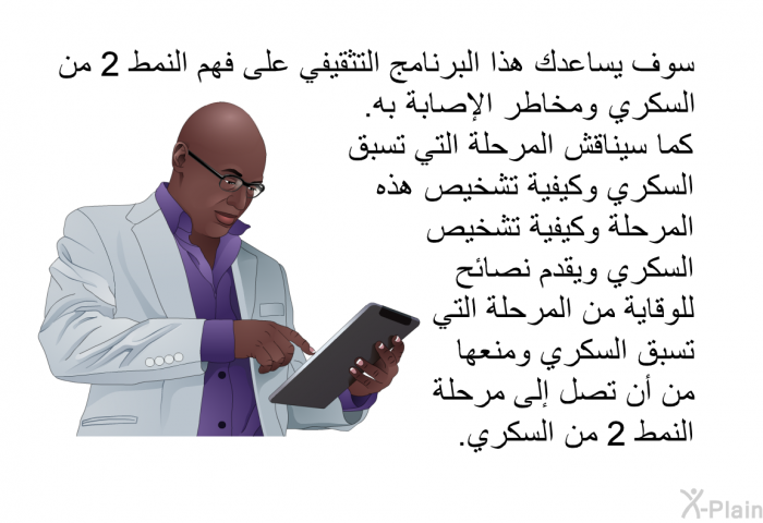 سوف تساعدك هذه المعلومات الصحية على فهم النمط 2 من السكري ومخاطر الإصابة به. كما ستناقش المرحلة التي تسبق السكري وكيفية تشخيص هذه المرحلة وكيفية تشخيص السكري وتقدم نصائح للوقاية من المرحلة التي تسبق السكري ومنعها من أن تصل إلى مرحلة النمط 2 من السكري.