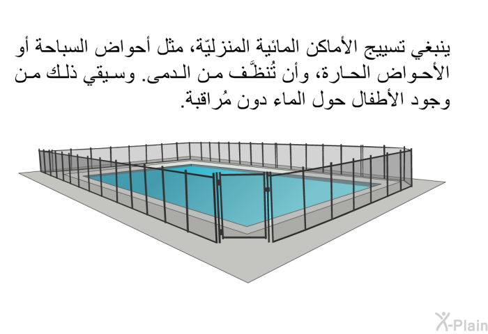 ينبغي تسييج الأماكن المائية المنزليّة، مثل أحواض السباحة أو الأحواض الحارة، وأن تُنظَّف من الدمى. وسيقي ذلك من وجود الأطفال حول الماء دون مُراقبة.